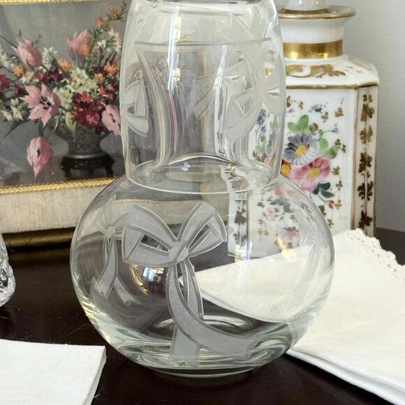 Tiffany & Co. Bow Tumble Up Bedside Carafe Etched Glass Bows Not Marked Stamped - Picture 1 of 12